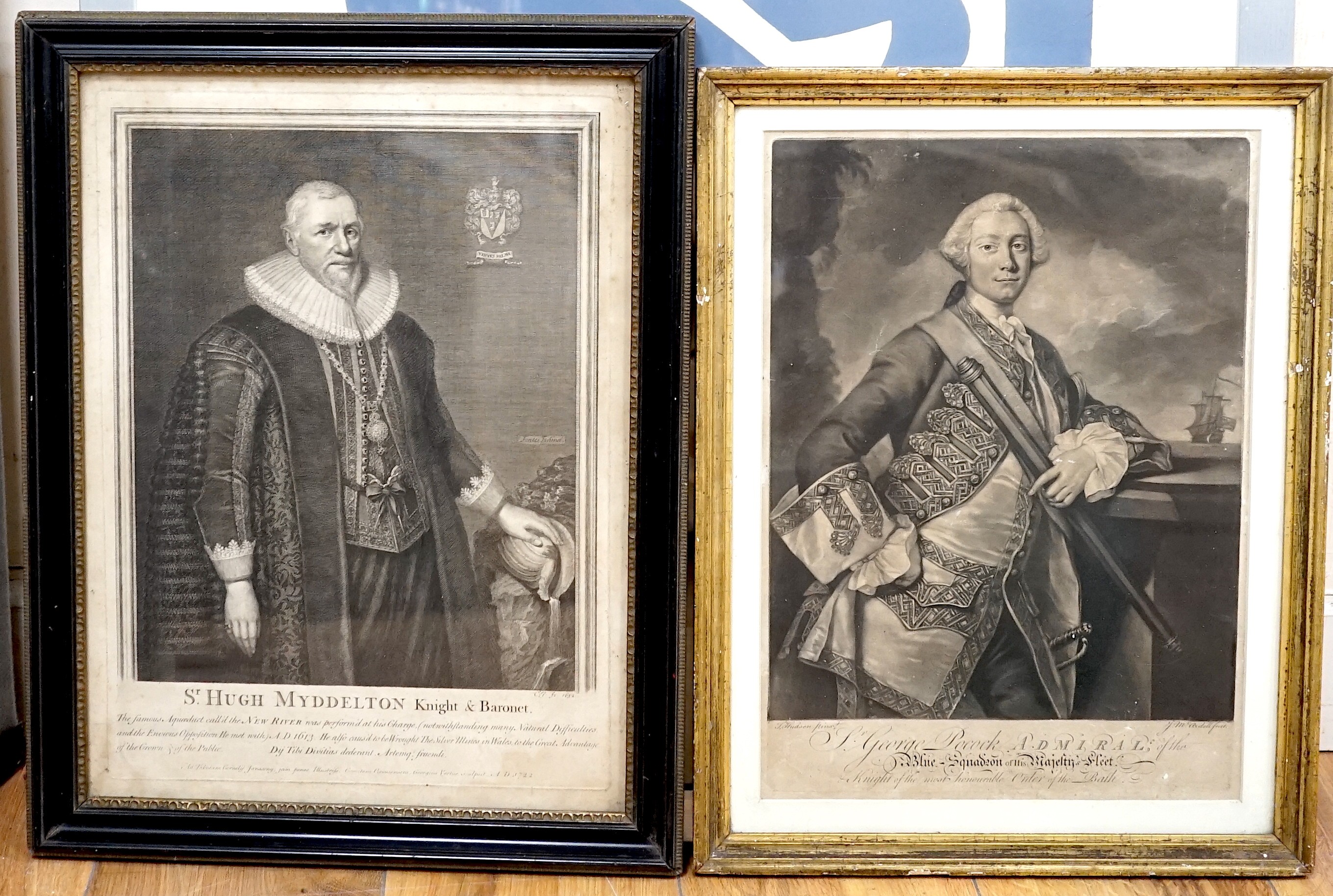 McArdell after Thomas Hudson, mezzotint, Portrait of Sir George Pocock, Admiral of the Blue, visible sheet 36 x 26cm and an engraving of Sir Hugh Myddelton, overall 40 x 29.5cm